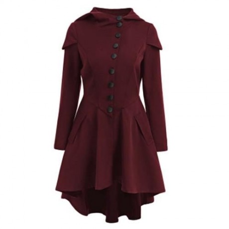 PLUS SIZE LACE UP HIGH LOW HOODED COAT (WINE RED)