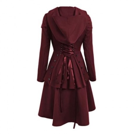 PLUS SIZE LACE UP HIGH LOW HOODED COAT (WINE RED)