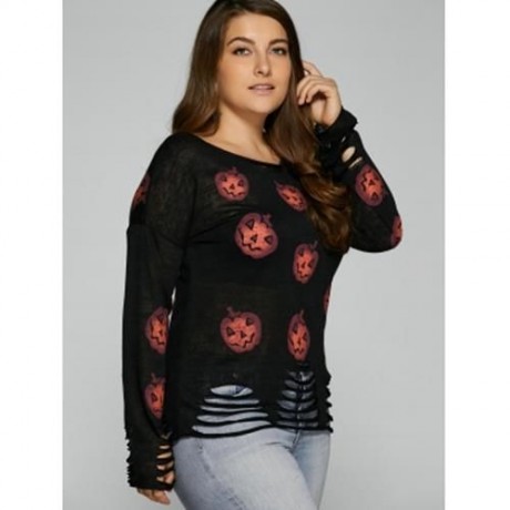 HALLOWEEN PUMPKIN PATTERN FRAYED KNITWEAR (BLACK)