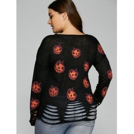 HALLOWEEN PUMPKIN PATTERN FRAYED KNITWEAR (BLACK)