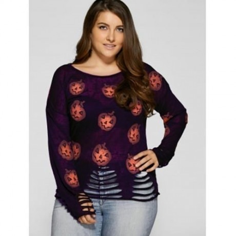 HALLOWEEN PUMPKIN PATTERN FRAYED KNITWEAR (PURPLE)