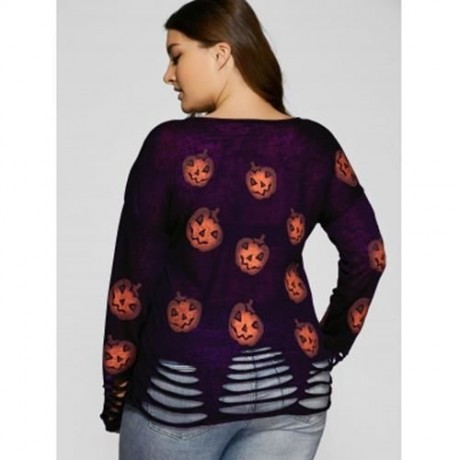 HALLOWEEN PUMPKIN PATTERN FRAYED KNITWEAR (PURPLE)