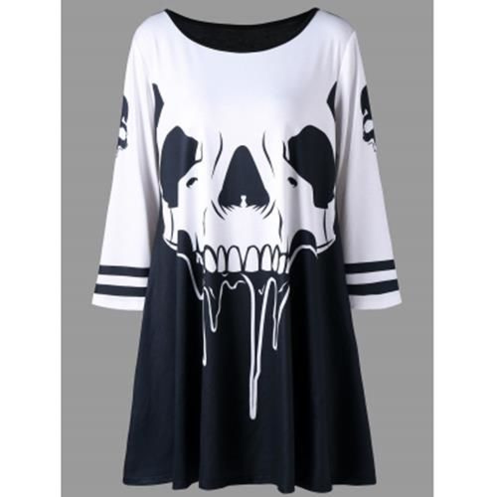 PLUS SIZE SKULL PRINT TUNIC T-SHIRT (WHITE AND BLACK)