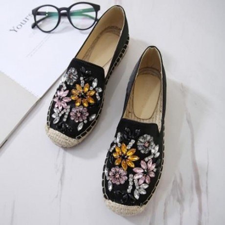ROUND TOE RHINESTONE ESPADRILLES FLAT HEEL WOMEN SHOES (BLACK)