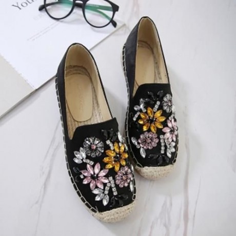 ROUND TOE RHINESTONE ESPADRILLES FLAT HEEL WOMEN SHOES (BLACK)