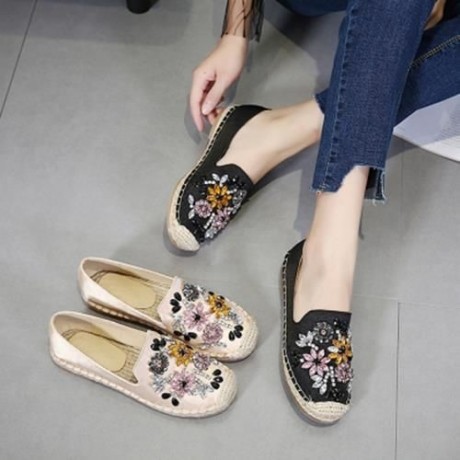 ROUND TOE RHINESTONE ESPADRILLES FLAT HEEL WOMEN SHOES (BLACK)