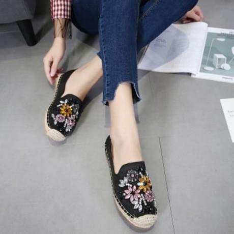 ROUND TOE RHINESTONE ESPADRILLES FLAT HEEL WOMEN SHOES (BLACK)