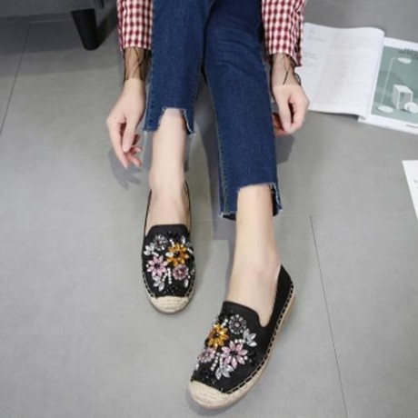ROUND TOE RHINESTONE ESPADRILLES FLAT HEEL WOMEN SHOES (BLACK)