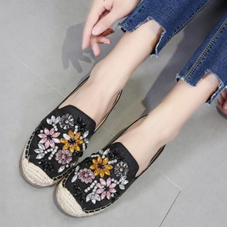 ROUND TOE RHINESTONE ESPADRILLES FLAT HEEL WOMEN SHOES (BLACK)