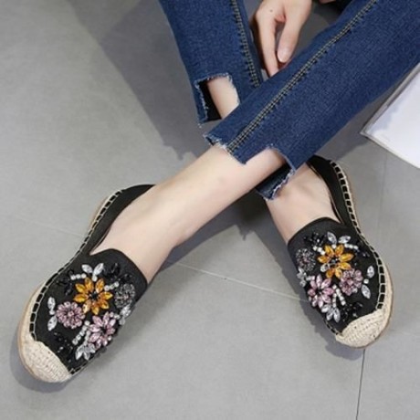 ROUND TOE RHINESTONE ESPADRILLES FLAT HEEL WOMEN SHOES (BLACK)