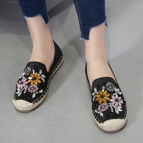 ROUND TOE RHINESTONE ESPADRILLES FLAT HEEL WOMEN SHOES (BLACK)