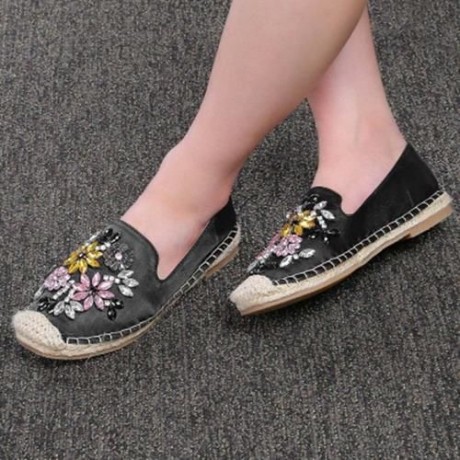 ROUND TOE RHINESTONE ESPADRILLES FLAT HEEL WOMEN SHOES (BLACK)