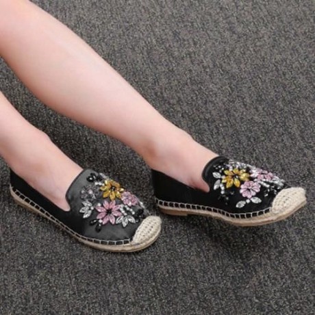 ROUND TOE RHINESTONE ESPADRILLES FLAT HEEL WOMEN SHOES (BLACK)