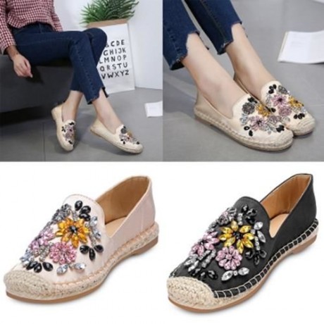 ROUND TOE RHINESTONE ESPADRILLES FLAT HEEL WOMEN SHOES (BLACK)
