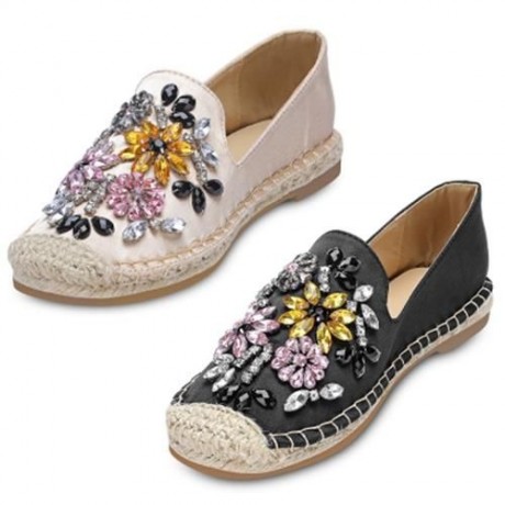 ROUND TOE RHINESTONE ESPADRILLES FLAT HEEL WOMEN SHOES (BLACK)