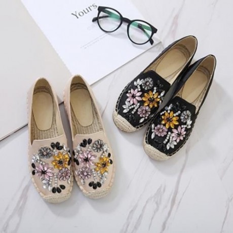 ROUND TOE RHINESTONE ESPADRILLES FLAT HEEL WOMEN SHOES (BLACK)