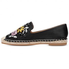 ROUND TOE RHINESTONE ESPADRILLES FLAT HEEL WOMEN SHOES (BLACK)