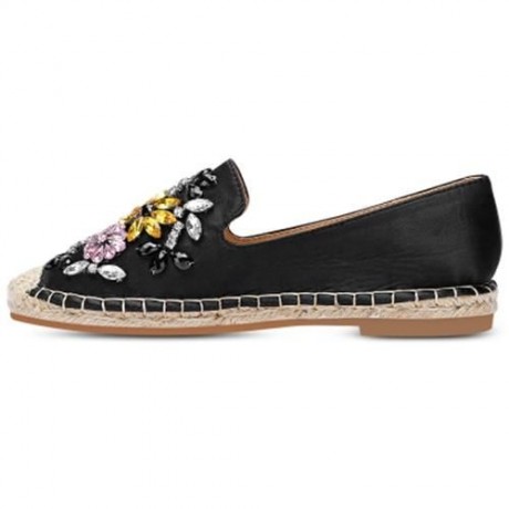 ROUND TOE RHINESTONE ESPADRILLES FLAT HEEL WOMEN SHOES (BLACK)
