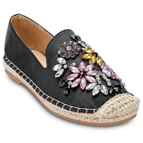ROUND TOE RHINESTONE ESPADRILLES FLAT HEEL WOMEN SHOES (BLACK)