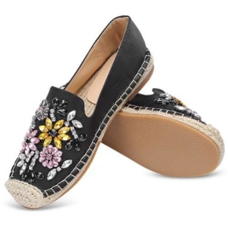 ROUND TOE RHINESTONE ESPADRILLES FLAT HEEL WOMEN SHOES (BLACK)
