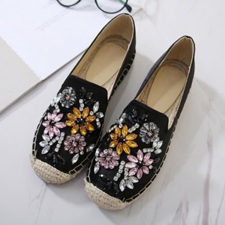 ROUND TOE RHINESTONE ESPADRILLES FLAT HEEL WOMEN SHOES (BLACK)
