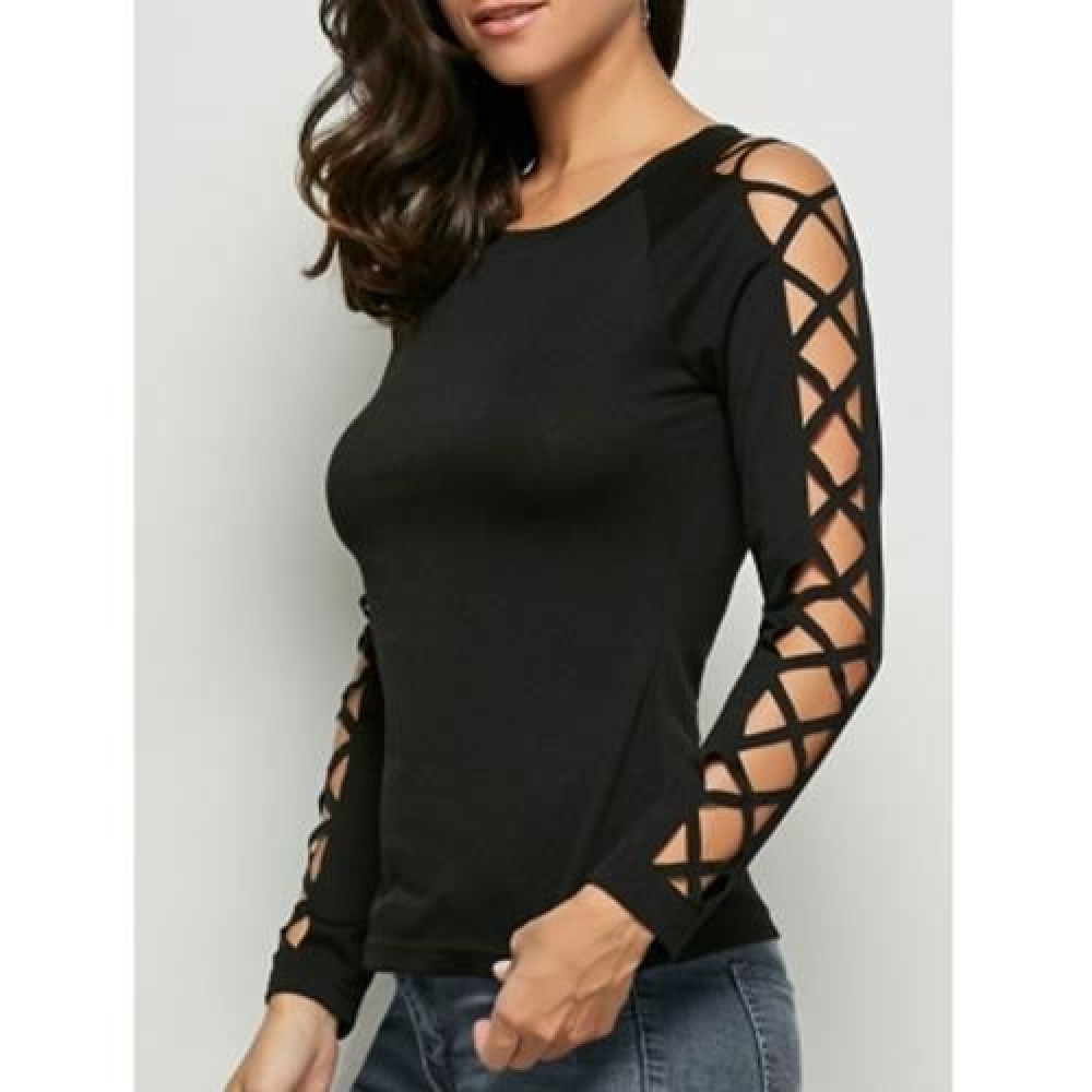 CUT OUT RAGLAN SLEEVE PLAIN T-SHIRT (BLACK)