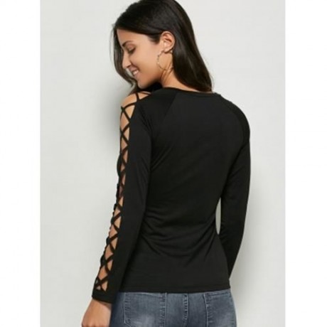 CUT OUT RAGLAN SLEEVE PLAIN T-SHIRT (BLACK)