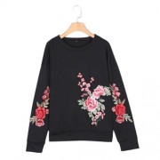 ROUND COLLAR LONG SLEEVE EMBROIDERY WOMEN SWEATSHIRT (BLACK)