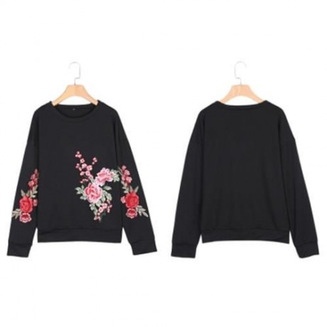 ROUND COLLAR LONG SLEEVE EMBROIDERY WOMEN SWEATSHIRT (BLACK)