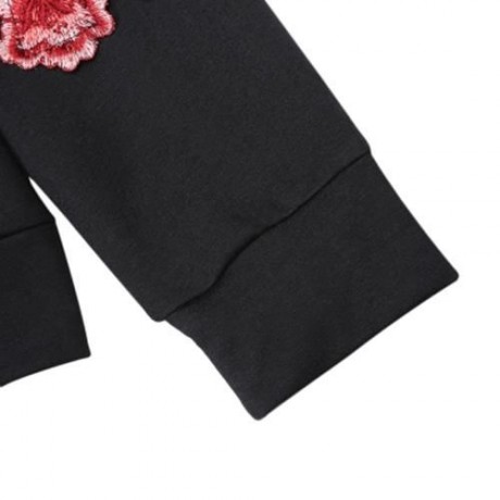 ROUND COLLAR LONG SLEEVE EMBROIDERY WOMEN SWEATSHIRT (BLACK)