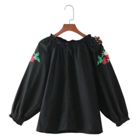 TRENDY ROUND COLLAR 3/4 SLEEVE EMBROIDERY WOMEN BLOUSE (BLACK)
