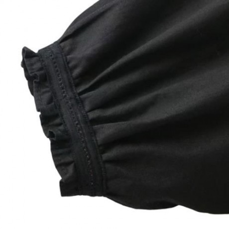 TRENDY ROUND COLLAR 3/4 SLEEVE EMBROIDERY WOMEN BLOUSE (BLACK)