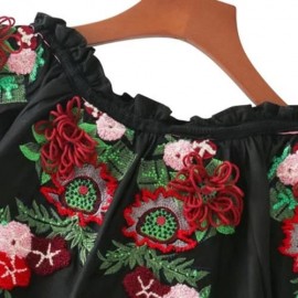 TRENDY ROUND COLLAR 3/4 SLEEVE EMBROIDERY WOMEN BLOUSE (BLACK)