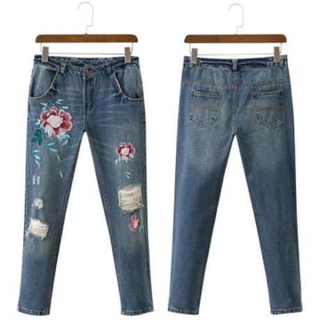 VINTAGE FLORAL EMBROIDERY RIPPED WOMEN JEANS (DENIM BLUE)