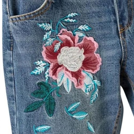 VINTAGE FLORAL EMBROIDERY RIPPED WOMEN JEANS (DENIM BLUE)