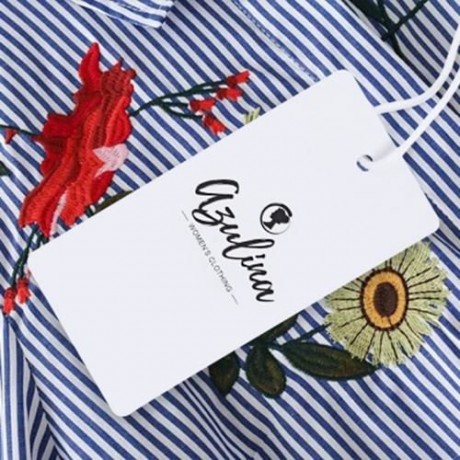TRENDY TURN-DOWN COLLAR LONG SLEEVE EMBROIDERY WOMEN SHIRT (BLUE AND WHITE)