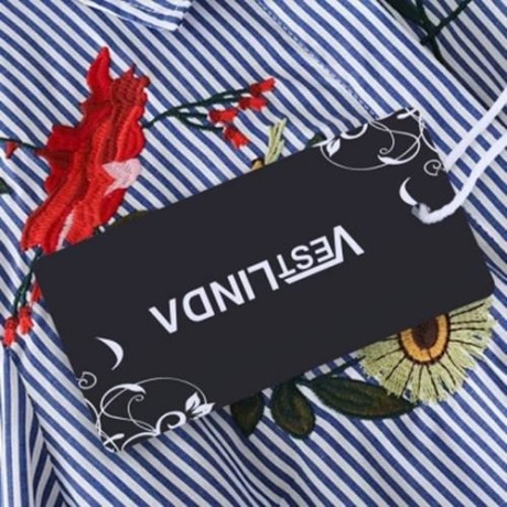 TRENDY TURN-DOWN COLLAR LONG SLEEVE EMBROIDERY WOMEN SHIRT (BLUE AND WHITE)