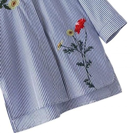 TRENDY TURN-DOWN COLLAR LONG SLEEVE EMBROIDERY WOMEN SHIRT (BLUE AND WHITE)