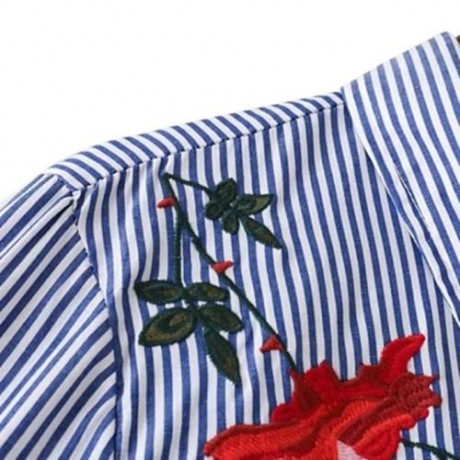 TRENDY TURN-DOWN COLLAR LONG SLEEVE EMBROIDERY WOMEN SHIRT (BLUE AND WHITE)