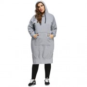 PLUS SIZE DROP SHOULDER SLIT LONGLINE HOODIE (GRAY)
