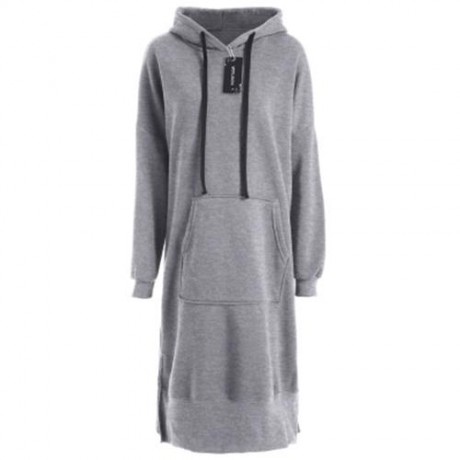 PLUS SIZE DROP SHOULDER SLIT LONGLINE HOODIE (GRAY)