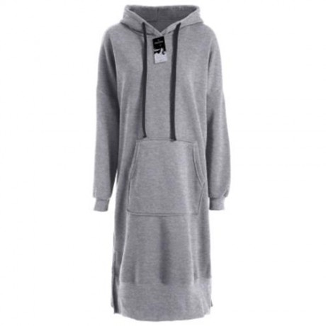 PLUS SIZE DROP SHOULDER SLIT LONGLINE HOODIE (GRAY)