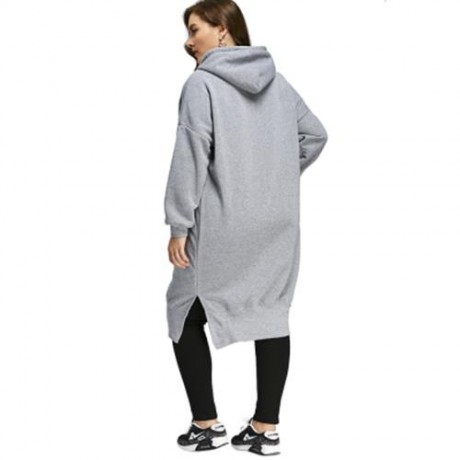 PLUS SIZE DROP SHOULDER SLIT LONGLINE HOODIE (GRAY)