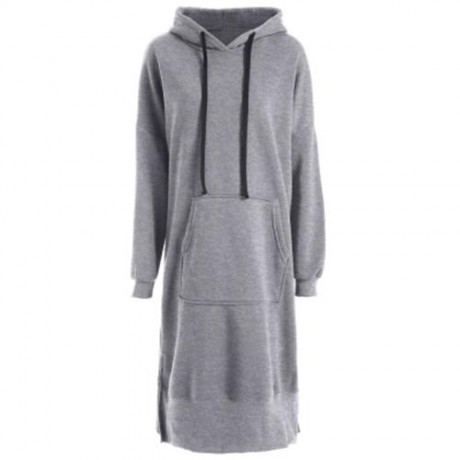 PLUS SIZE DROP SHOULDER SLIT LONGLINE HOODIE (GRAY)