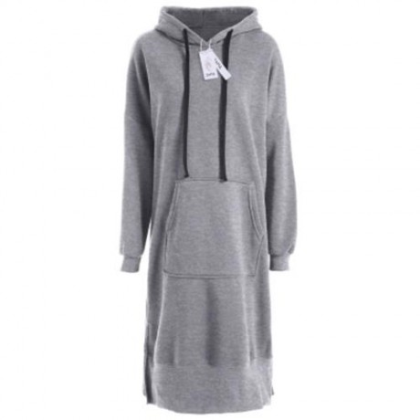 PLUS SIZE DROP SHOULDER SLIT LONGLINE HOODIE (GRAY)