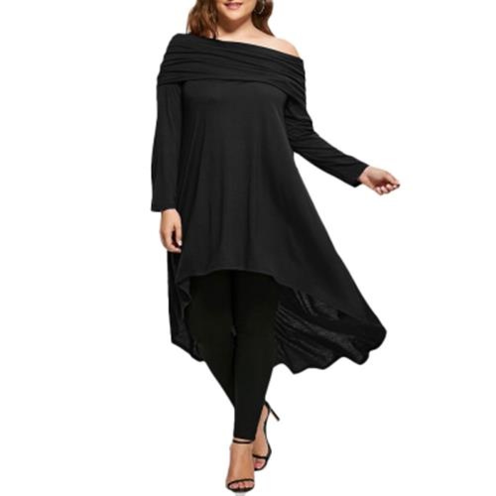 PLUS SIZE HIGH LOW SKEW NECK T-SHIRT (BLACK)