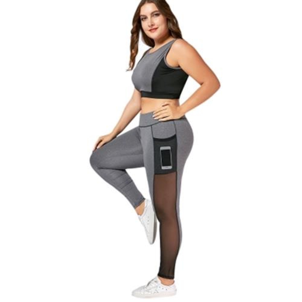 PLUS SIZE WIREFREE BRA AND MESH PANEL LEGGINGS (GRAY)