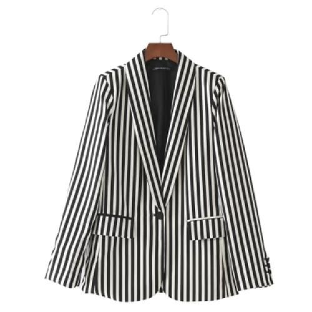TURN-DOWN COLLAR LONG SLEEVE STRIPED POCKET WOMEN SUIT (BLACK)