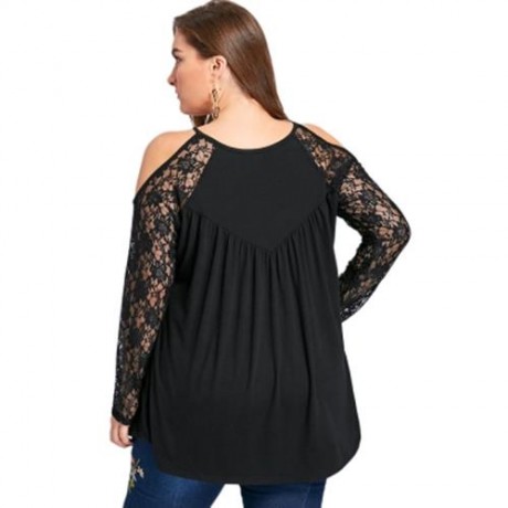 PLUS SIZE LACE TRIM COLD SHOULDER TOP (BLACK)