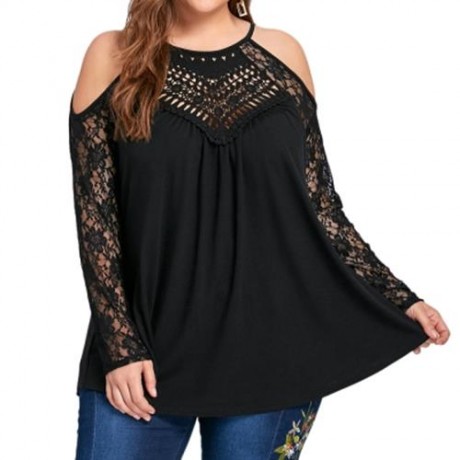 PLUS SIZE LACE TRIM COLD SHOULDER TOP (BLACK)